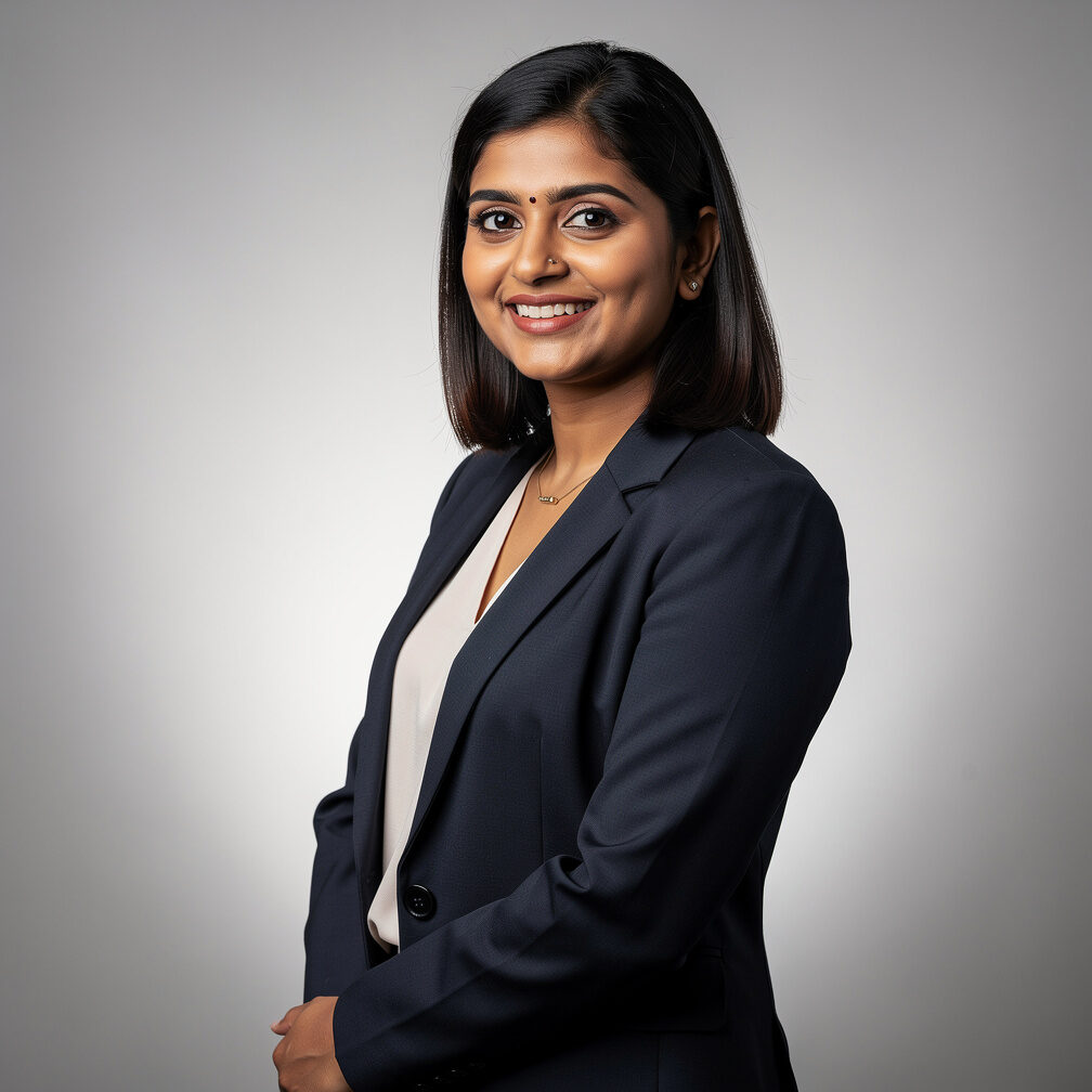 Studio portrait of a South Asian woman engineering lead in a blazer smiling