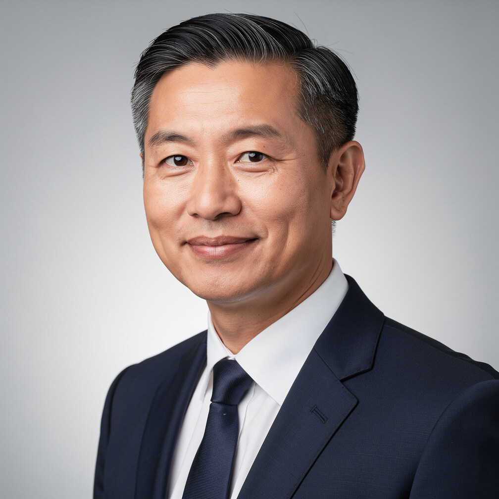 Headshot of a Chinese Singaporean male managing director in a suit