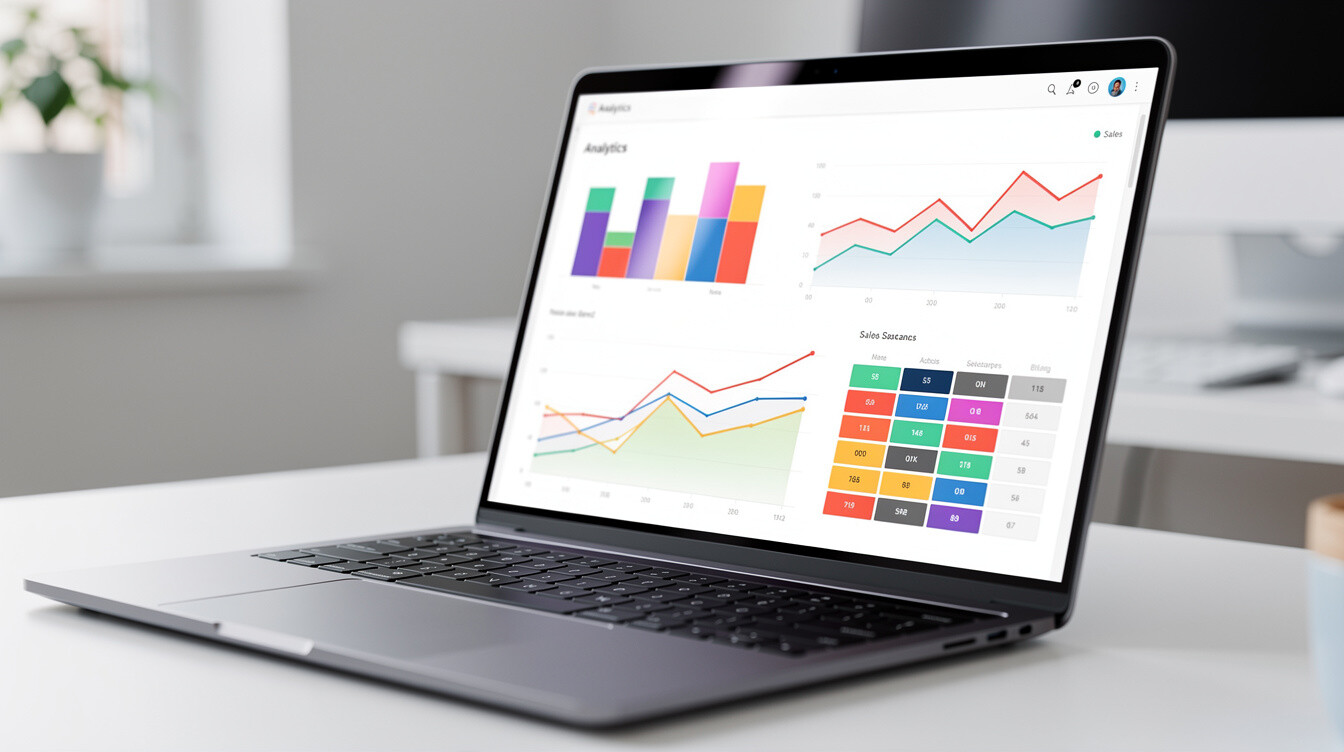 Close-up of a software analytics dashboard with charts on a laptop screen