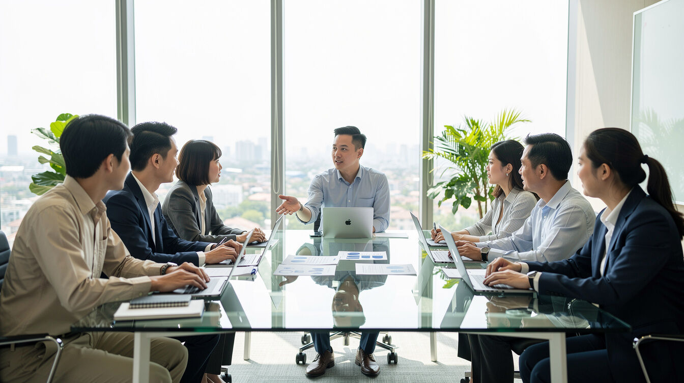 Modern office meeting room with employees discussing around a table