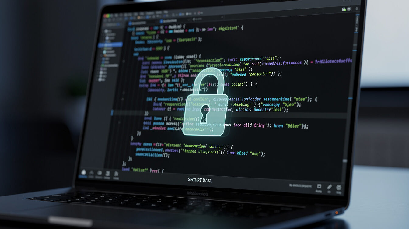 Close-up of a security padlock icon overlay on a laptop screen with code
