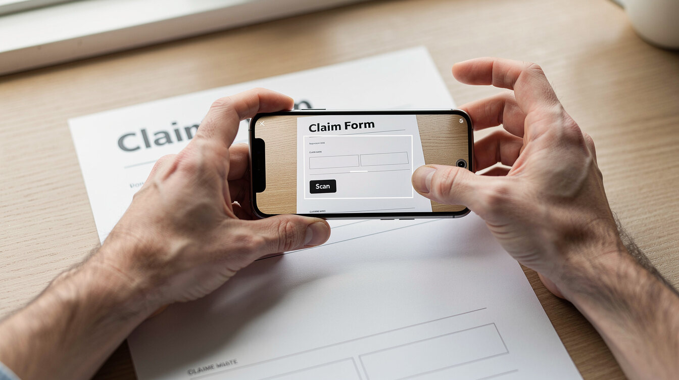 Person scanning a document with a smartphone for digital claims processing