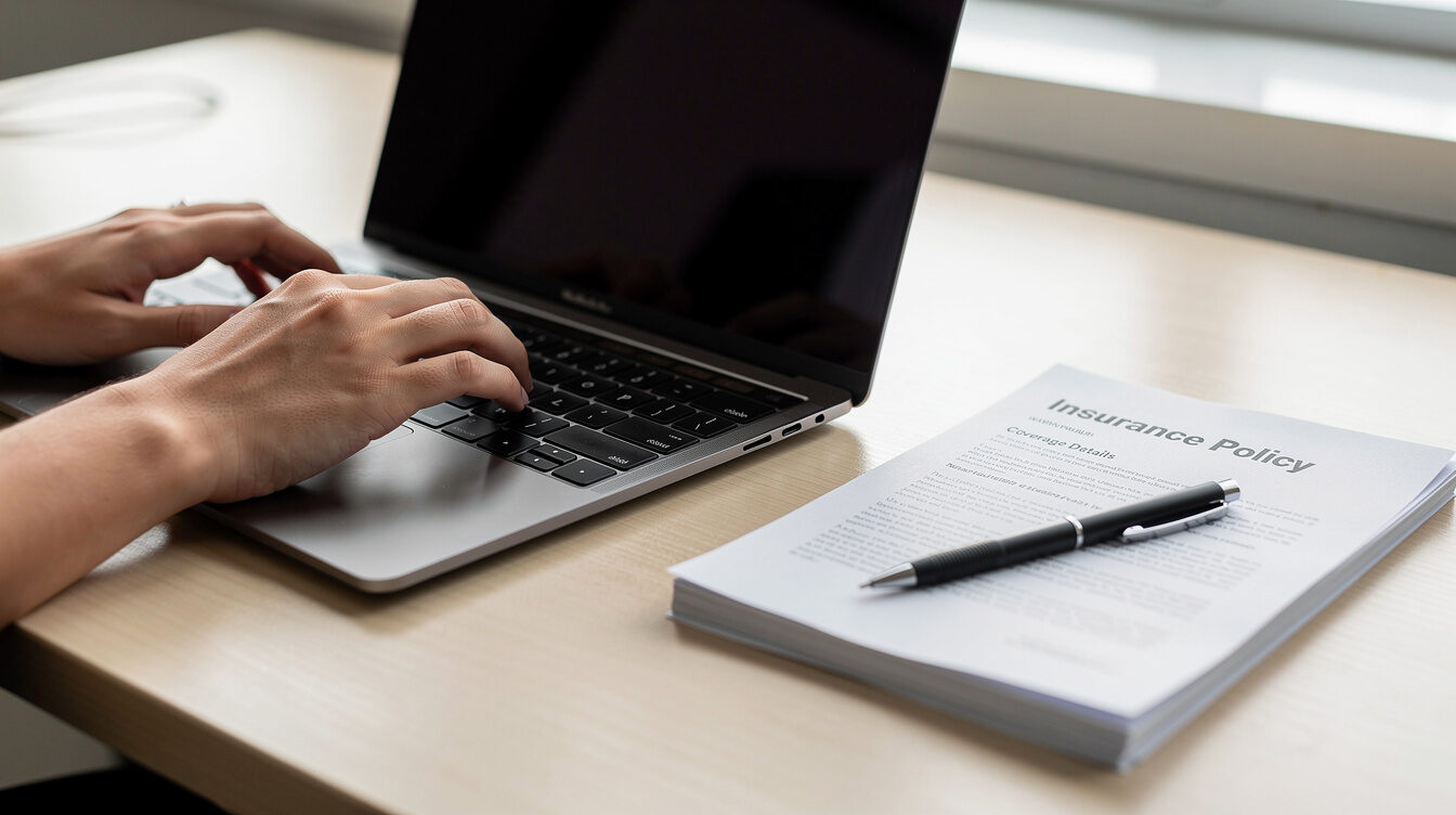 Close-up of hands typing on a laptop with insurance policy documents nearby